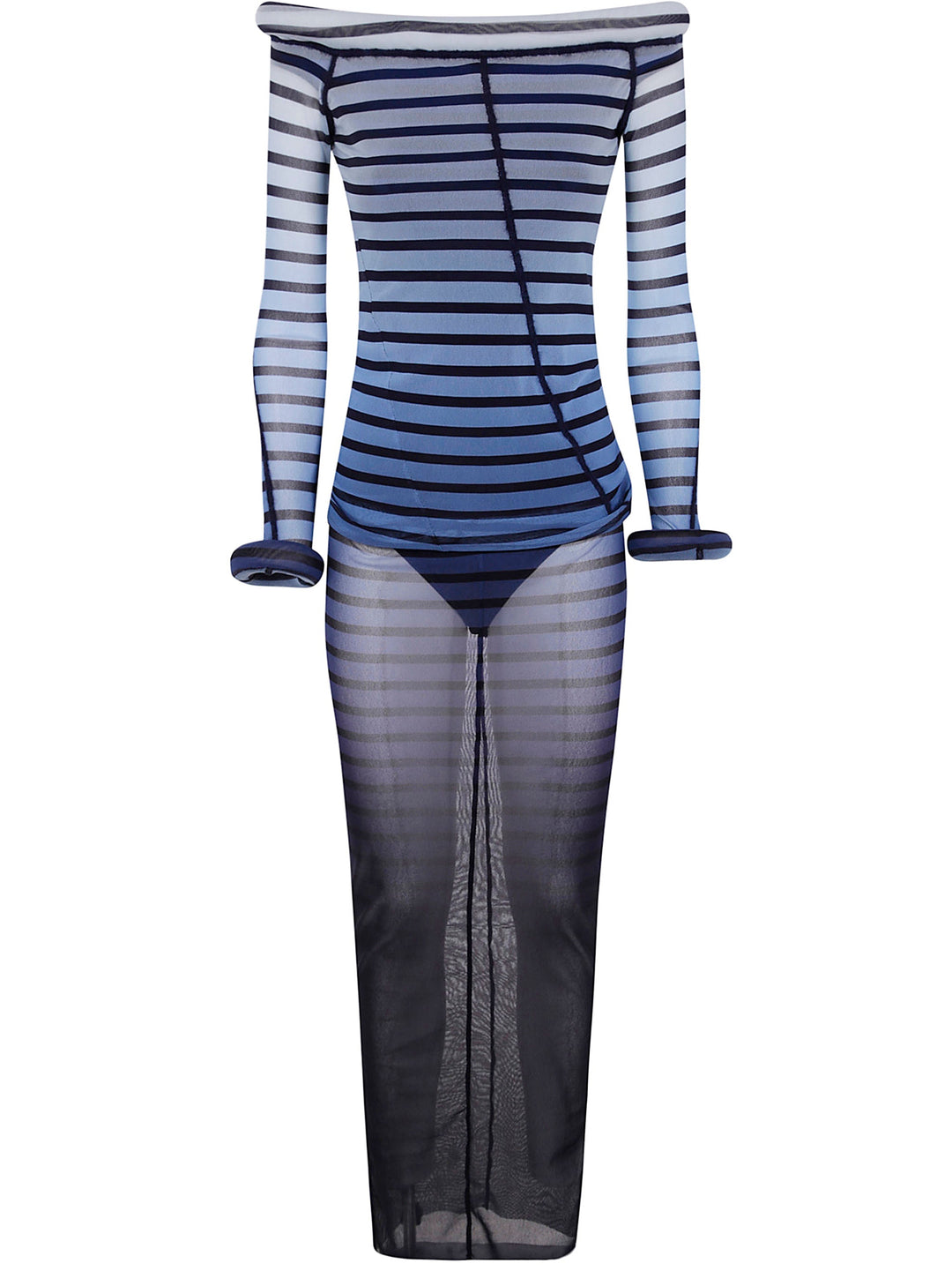 Striped bodysuit with sheer overlay on a white background
