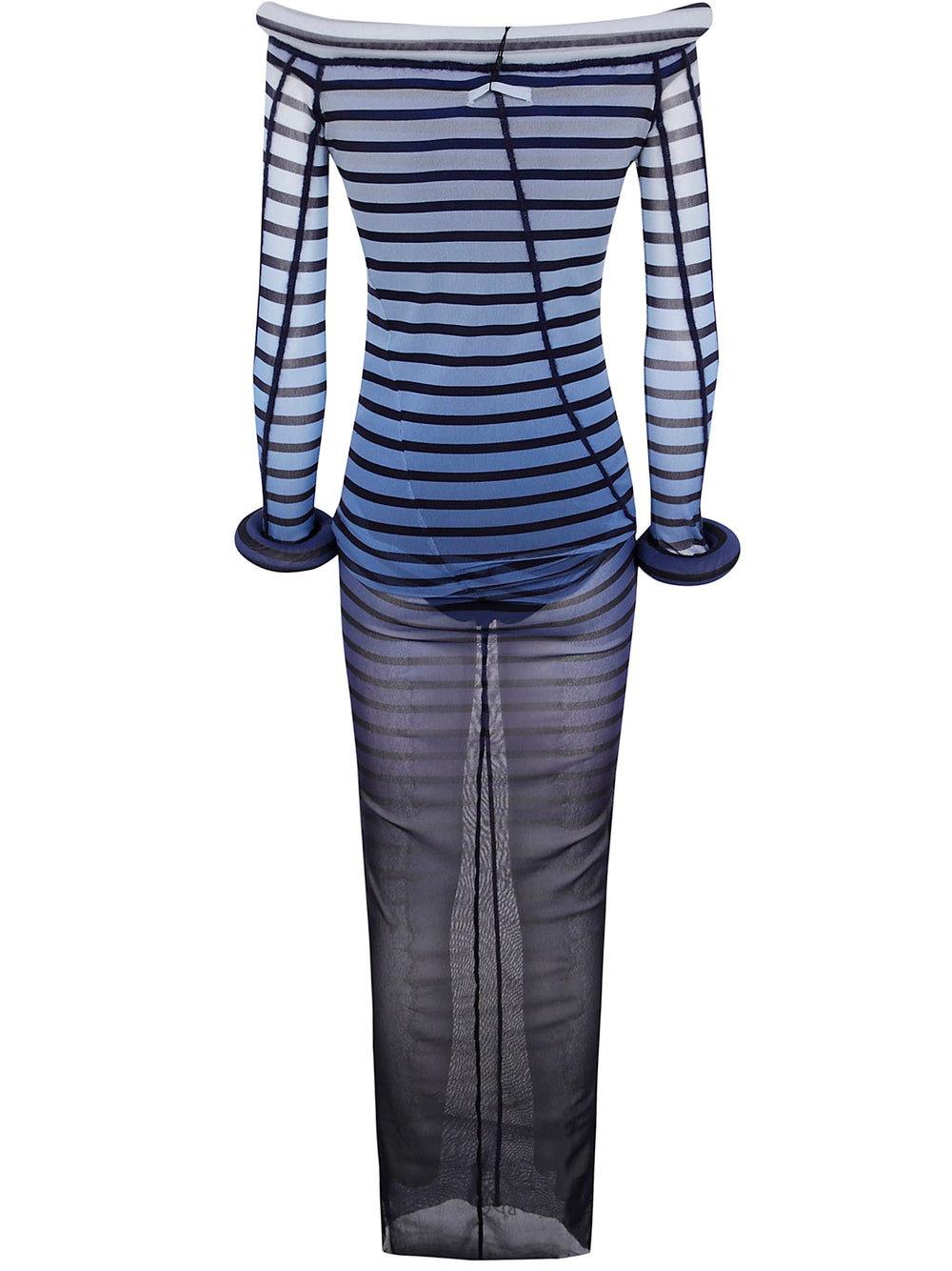 Blue and black striped dress with sheer overlay on a white background