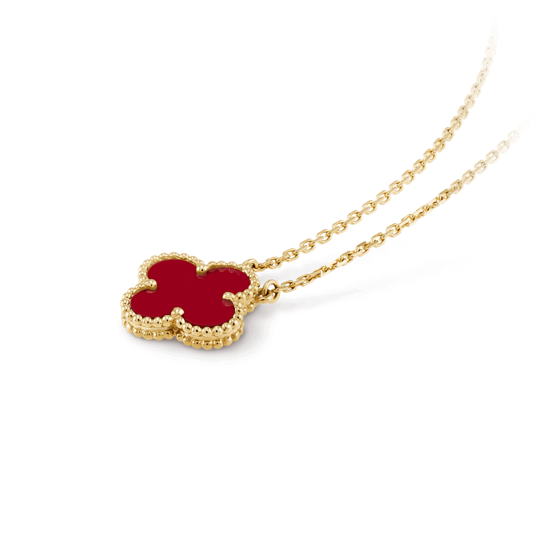 Van Cleef & Arpels Vintage Alhambra pendant 18K yellow gold, Carnelian fine jewelry pendant on a chain.