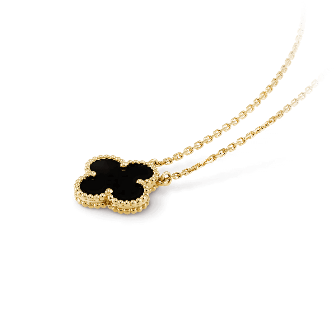 Van Cleef & Arpels Vintage Alhambra pendant 18K yellow gold, Onyx on a delicate chain, fine jewelry piece.