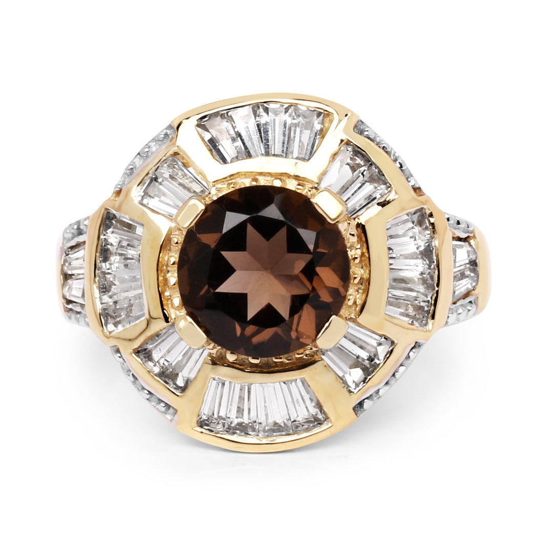 14K Yellow Gold Plated 4.18 Carat Genuine Smoky Quartz &amp; White Topaz .925 Sterling Silver Ring