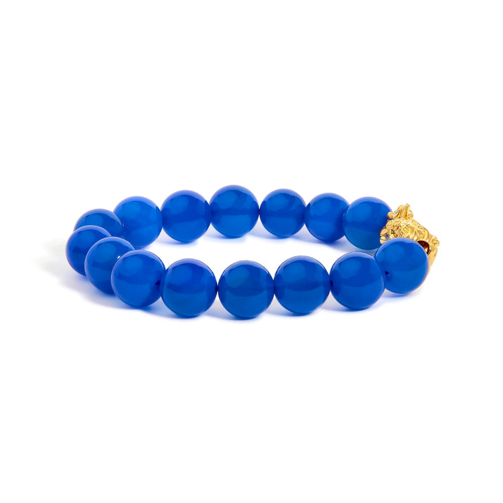 18K Yellow Gold Blue Agate Beaded Dragon Charm Bracelet