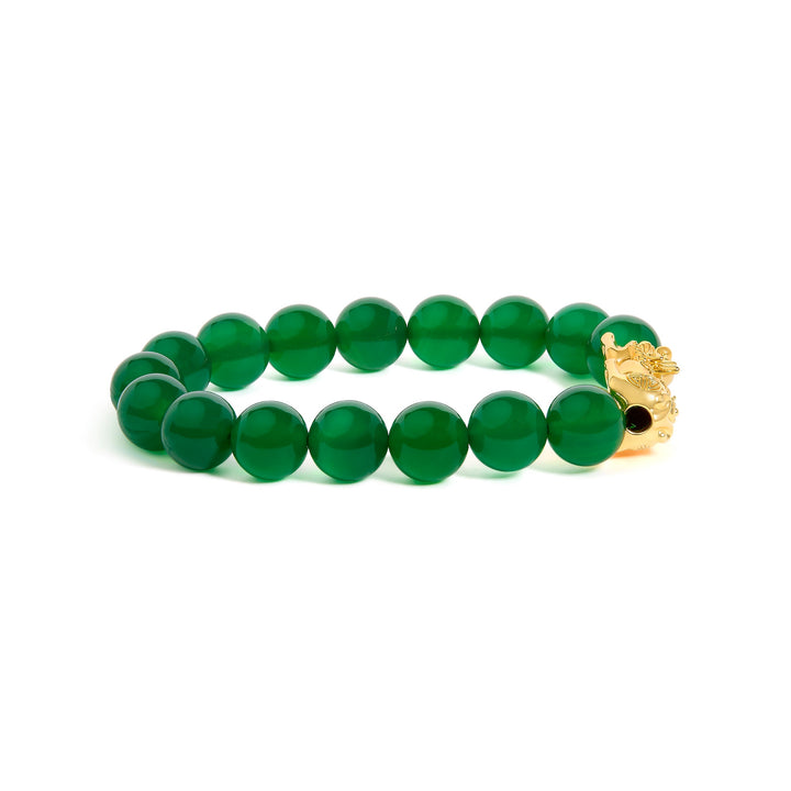 18K Yellow Gold Green Agate Beaded Bracelet with Dragon Charm