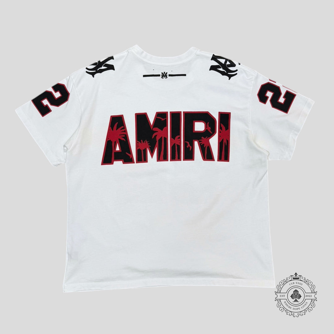 Amiri Palm Tree 22 Oversized Football T-Shirt in White/Black/Red