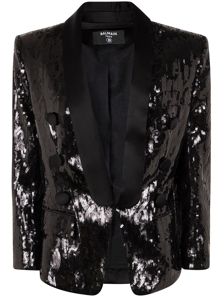 Balmain Women V-Neck Glitter Satin Tailored Jkt