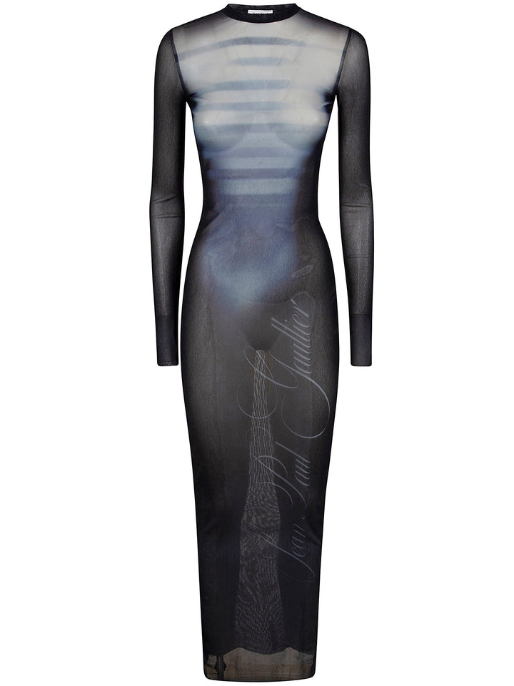 Jean Paul Gaultier Women Mesh Crew Neck Long Dress Printed "Le Mâle"
