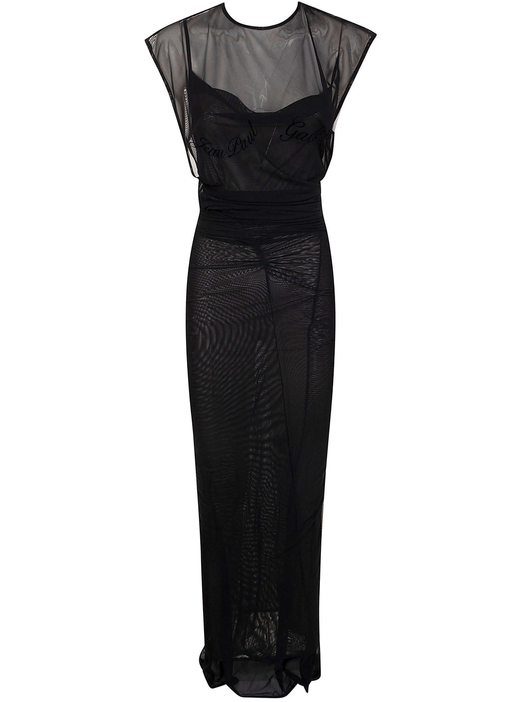 Black evening gown with sheer sleeves on a white background