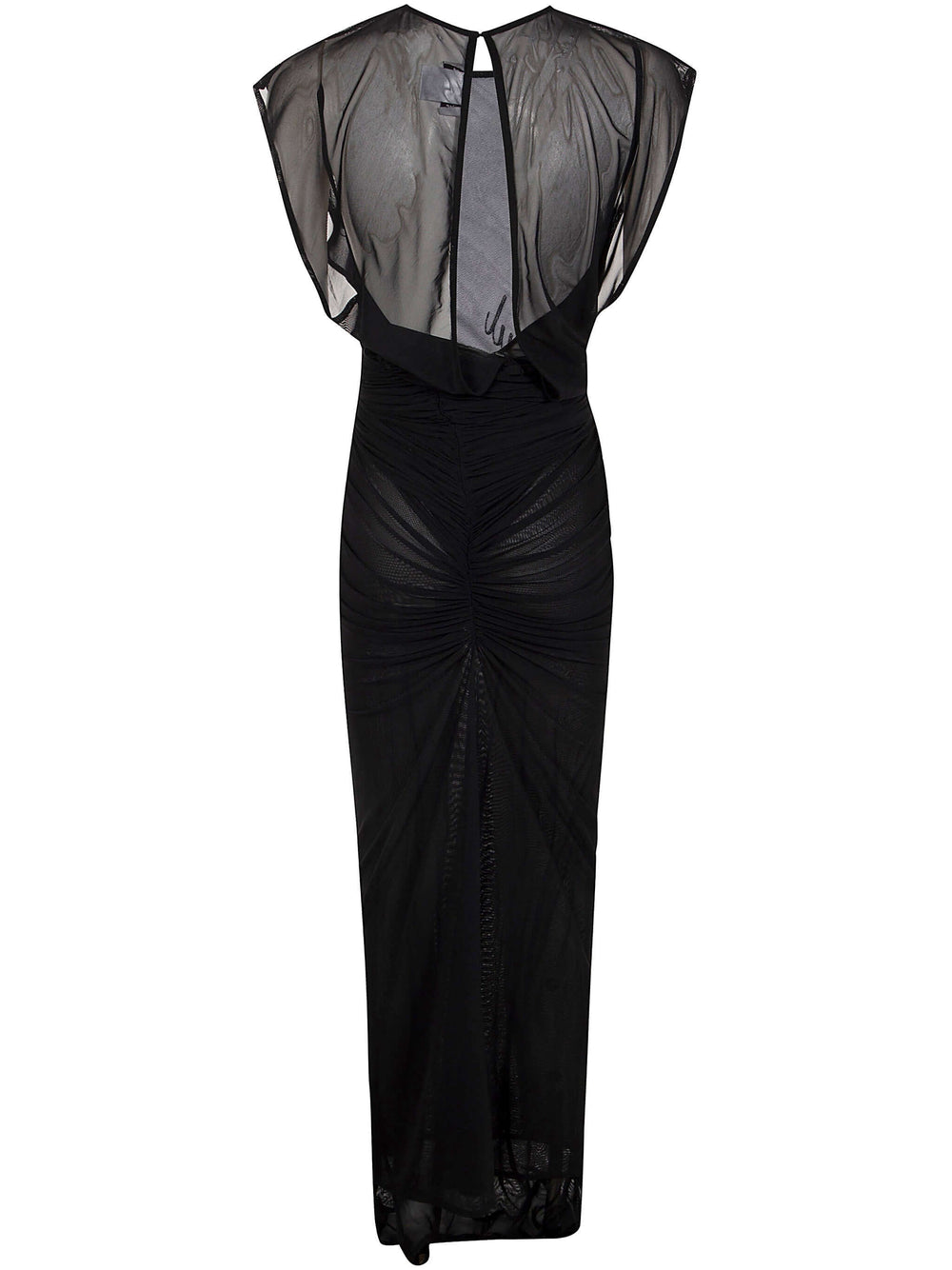 Black evening gown with sheer sleeves on a white background