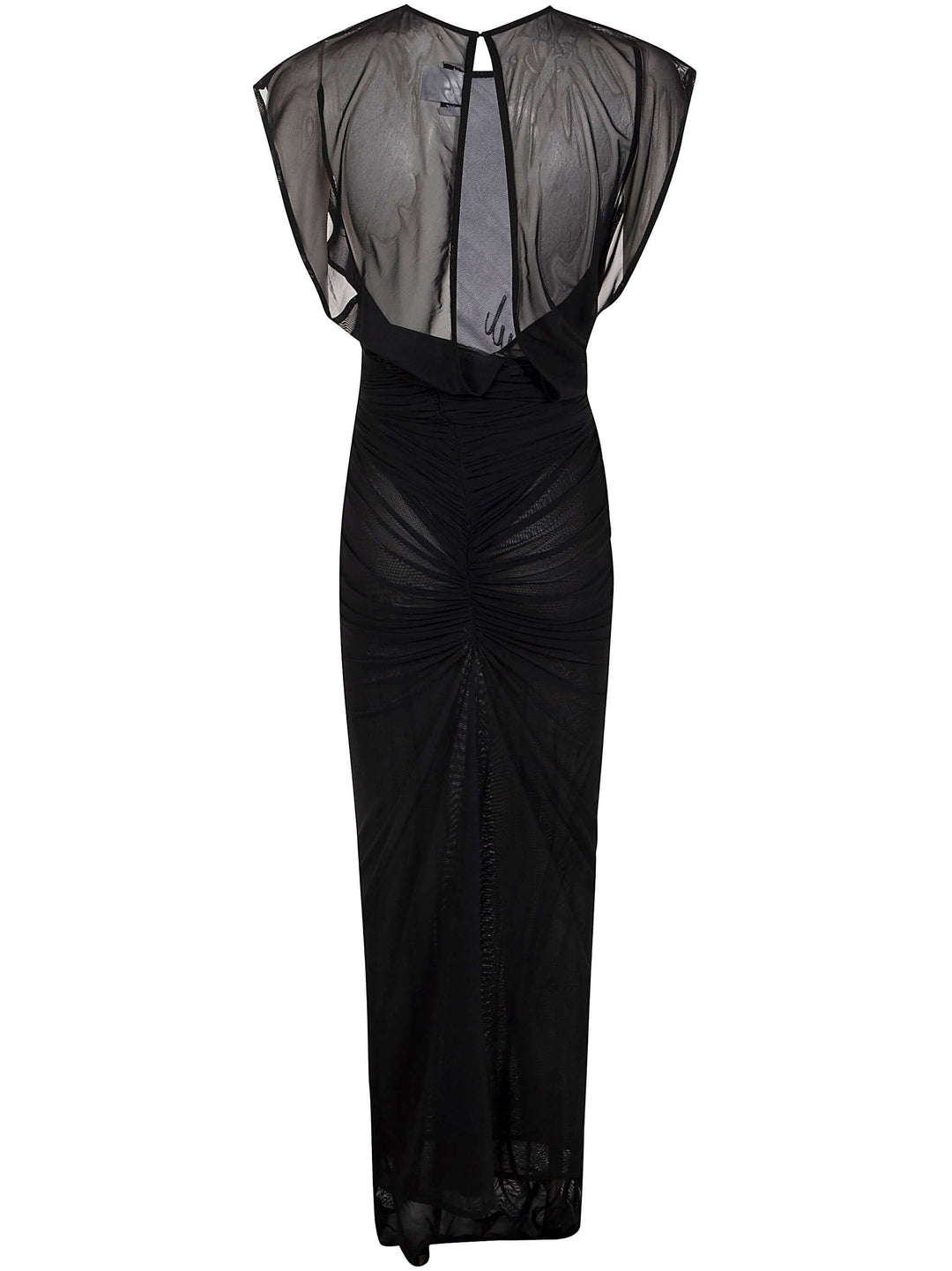Black evening gown with sheer sleeves on a white background