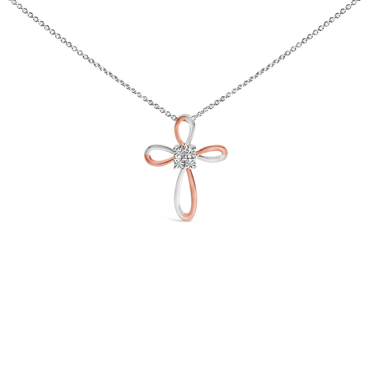 10K Rose Gold Plated Sterling Silver Diamond Accent Cross Pendant Necklace