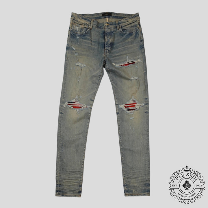 Amiri MX1 Plaid Patch Jeans in Clay Indigo/Red