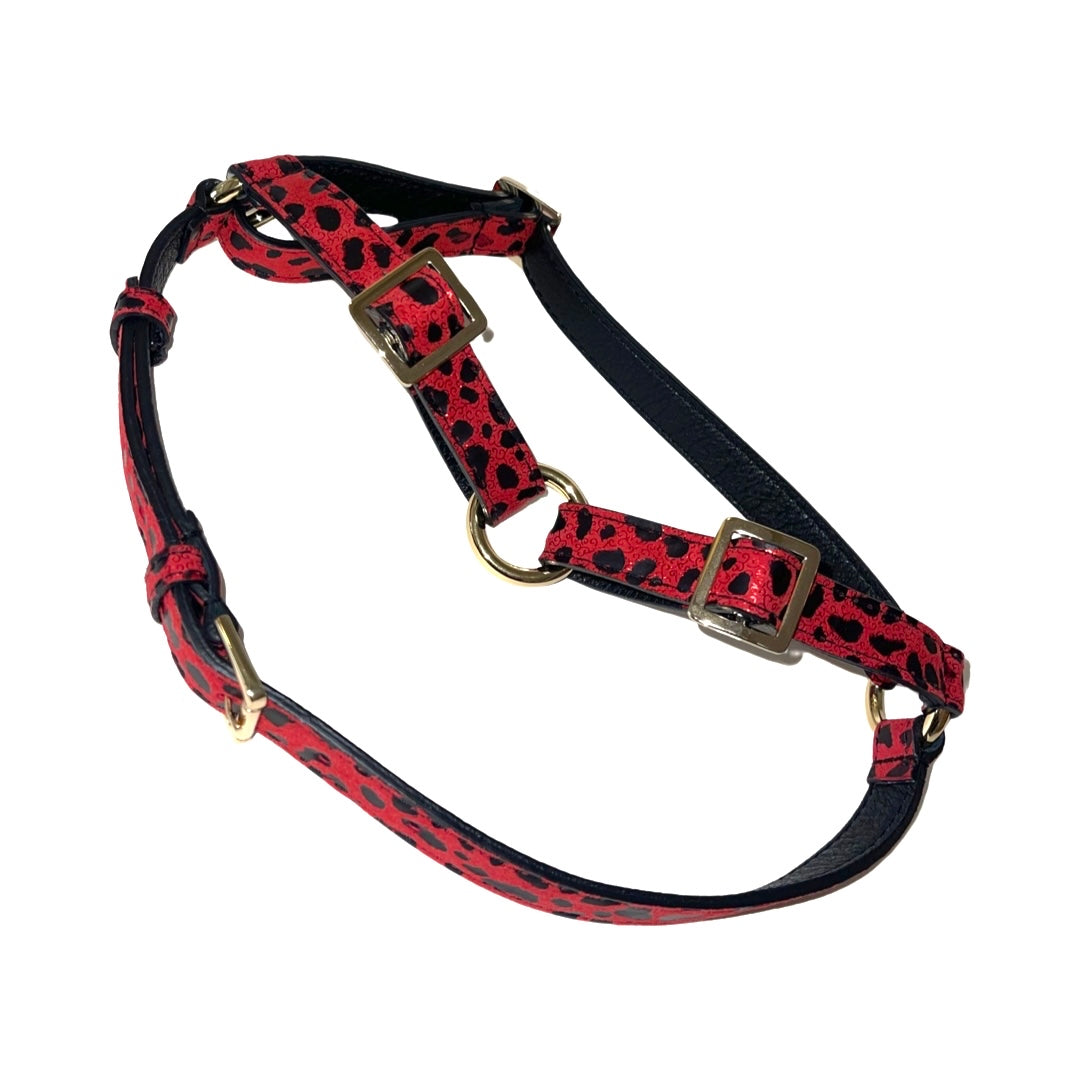 Red &amp; Black Leopard Print Italian Leather Harness