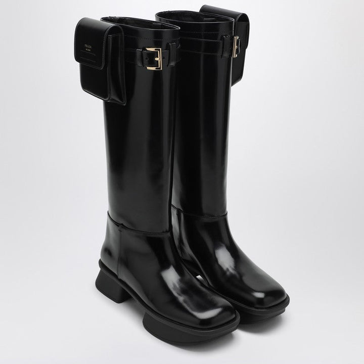 Prada Black Leather Boot With Pouch Women