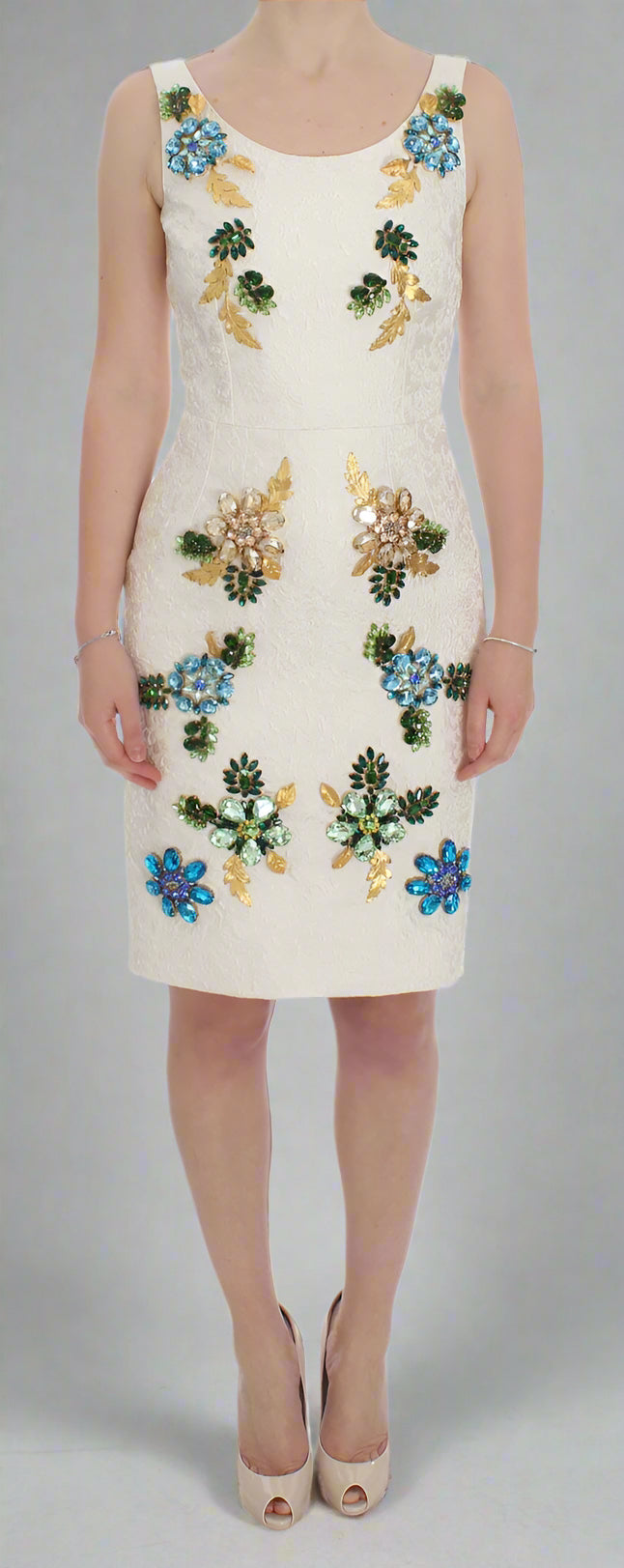 DOLCE & GABBANA white Elegant Floral Crystal Brocade Sheath Dress