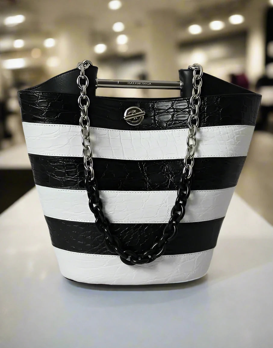 Balenciaga BLACK & WHITE STRIPED EXOTIC SKIN LEATHER MAXI BUCKET TOTE BAG