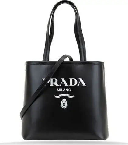 Prada Black Calfskin Tote Bag in luxurious Italian leather with detachable shoulder strap and double top handles