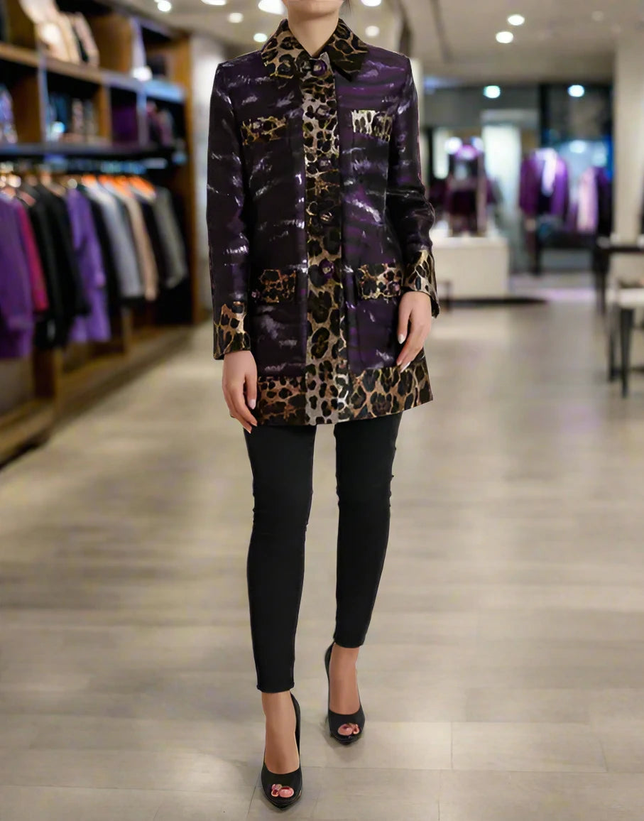 Dolce & Gabbana PURPLE LAMÉ JACQUARD TIGER PRINT COAT JACKET
