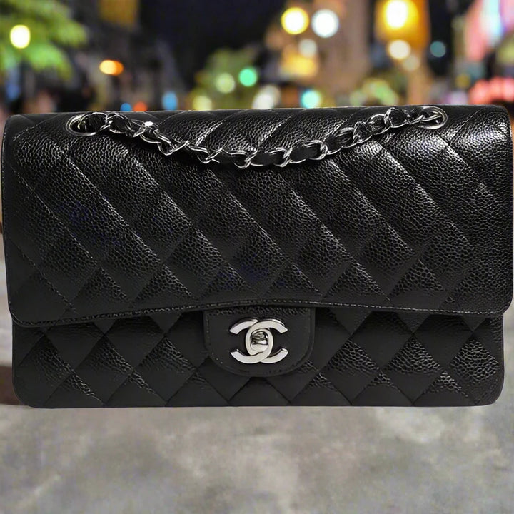 Preloved CHANEL classic quilted handbag front view Authentic CHANEL black leather flap bag CHANEL gold chain shoulder bag – preloved Vintage CHANEL logo clutch purse Secondhand CHANEL luxury tote with dust bag