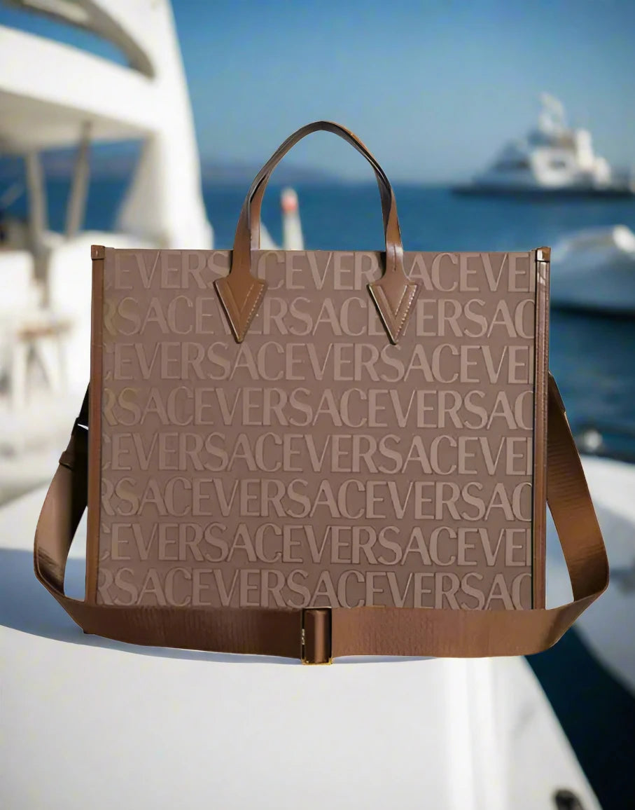 Versace BROWN TOP HANDLE JACQUARD LEATHER LOGO EMBOSSED CROSSBODY TOTE BAG