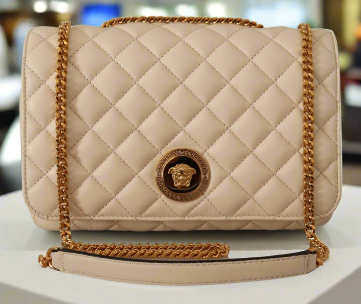 VERSACE diamond quilted White Nappa Leather Shoulder Bag