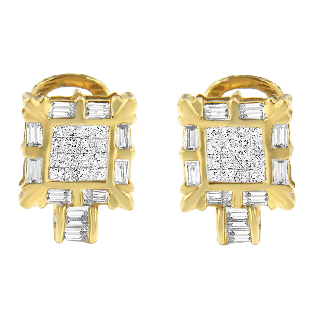 14K Yellow Gold 7/8 Cttw Princess and Baguette-Cut Diamond Square Framed Huggie Hoop Omega Earrings (H-I Color, SI1-SI2 Clarity)