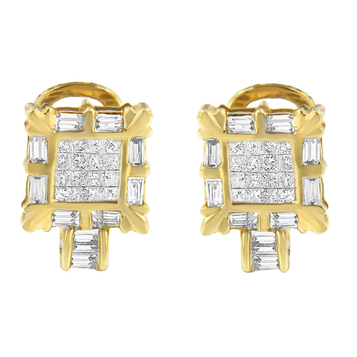 14K Yellow Gold 7/8 Cttw Princess and Baguette-Cut Diamond Square Framed Huggie Hoop Omega Earrings (H-I Color, SI1-SI2 Clarity)