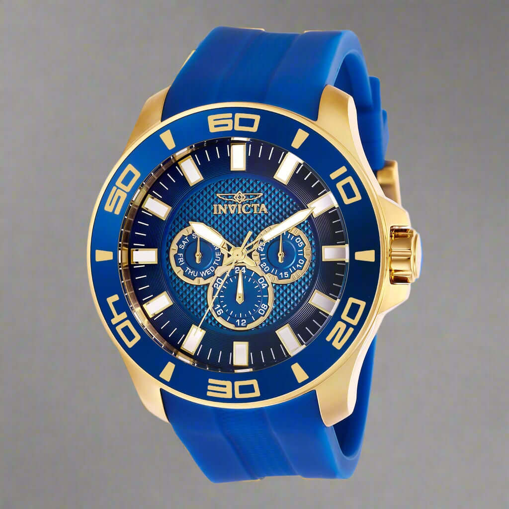 INVICTA Pro Diver men's watch with stainless steel band INVICTA black graphic t-shirt with logo front Gold-tone INVICTA chronograph wristwatch close-up INVICTA men's button-down shirt with embroidered detail INVICTA oversized sport watch and branded appar
