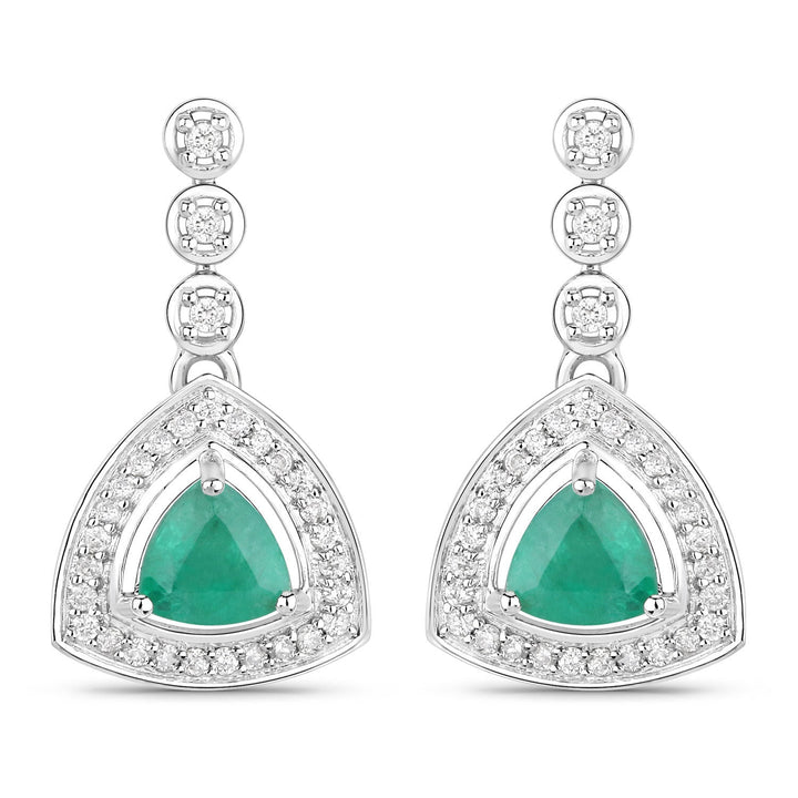 1.39 Carat Genuine Zambian Emerald and White Diamond 14K White Gold Earrings