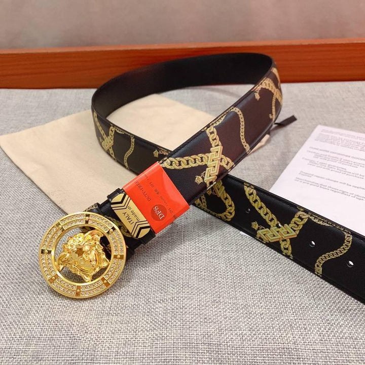 Versace Black Leather Vitello Belt Gold Medallion Buckle