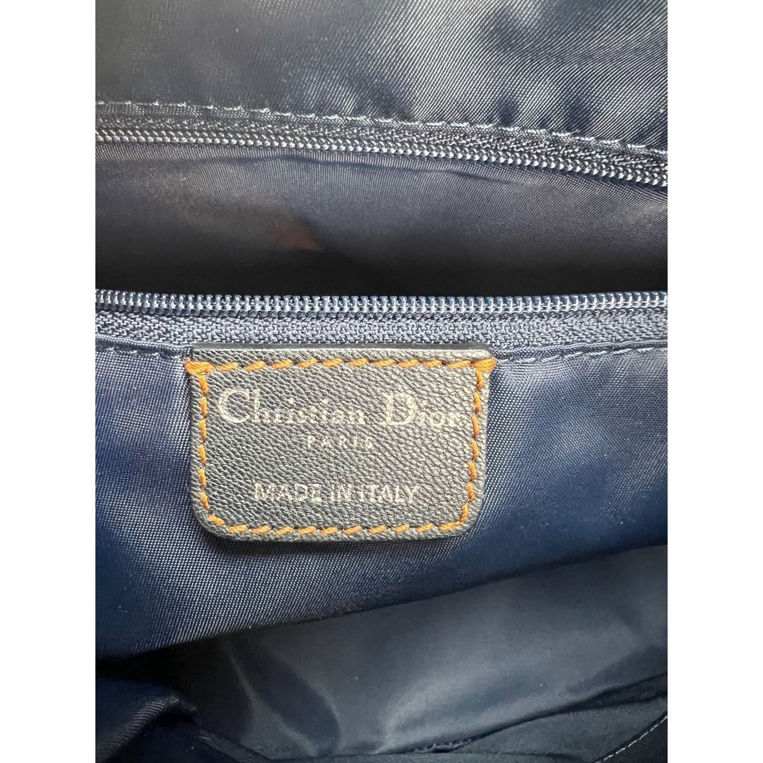 Interior view of CHRISTIAN DIOR Monogram Trotter CD Blue Canvas Hand Bag showing tag, made in Italy, luxury bags.