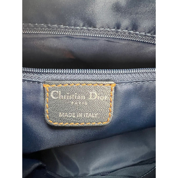 Interior view of CHRISTIAN DIOR Monogram Trotter CD Blue Canvas Hand Bag showing tag, made in Italy, luxury bags.