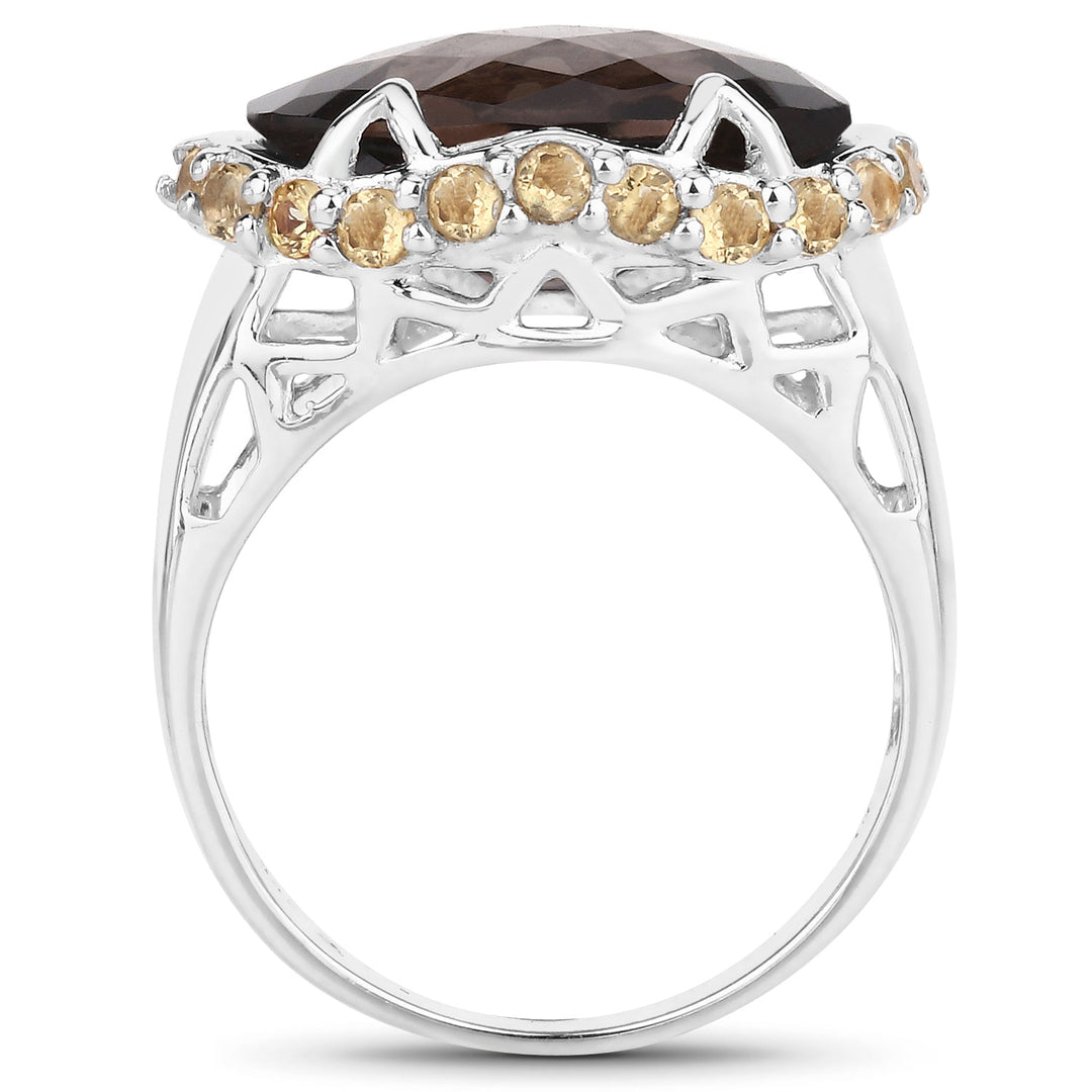 Two Tone Plated 9.58 Carat Genuine Smoky Quartz &amp; Citrine .925 Sterling Silver Ring