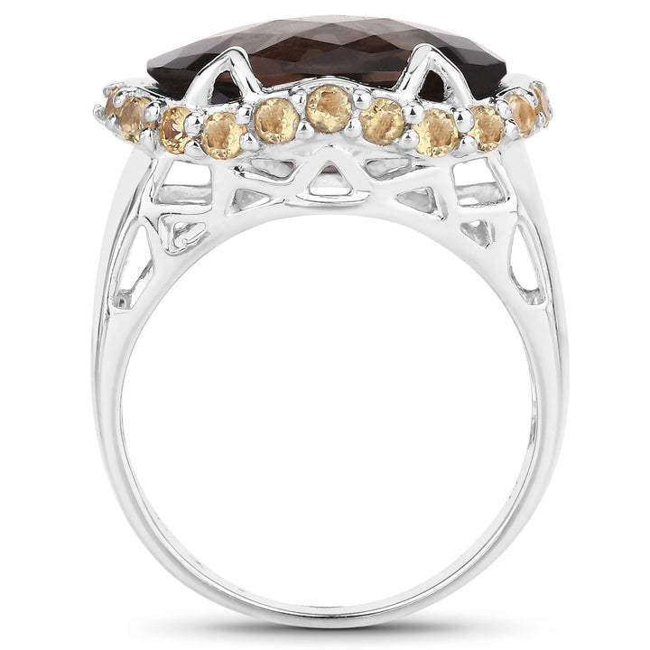 Two Tone Plated 9.58 Carat Genuine Smoky Quartz &amp; Citrine .925 Sterling Silver Ring