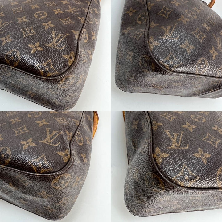 Corner view of LOUIS VUITTON Looping GM Monogram Shoulder Bag showcasing the monogram pattern, minor signs of wear, luxury bags.