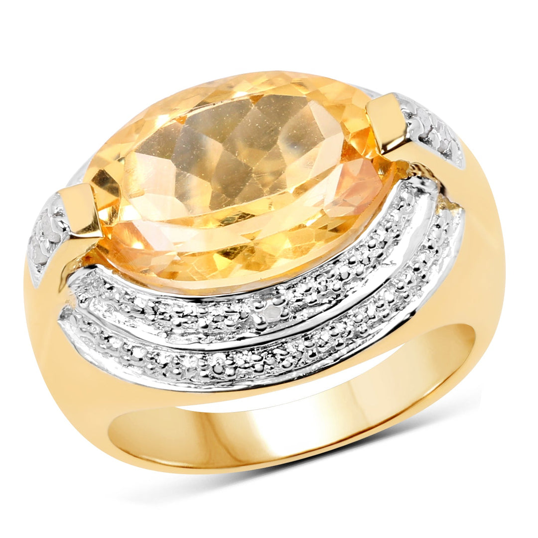 14K Yellow Gold Plated 5.06 Carat Genuine Citrine &amp; White Diamond .925 Sterling Silver Ring