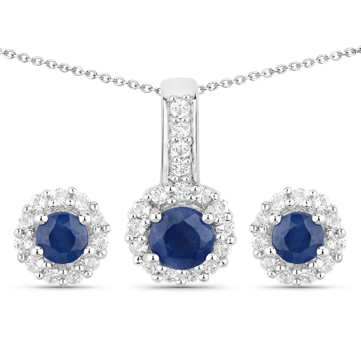 2.17 Carat Genuine Blue Sapphire and White Topaz .925 Sterling Silver Jewelry Set