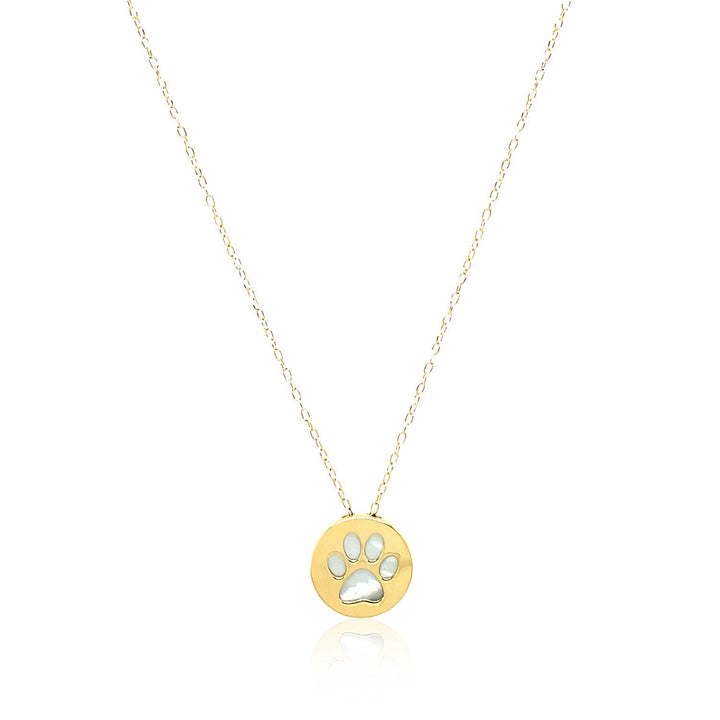 14k Yellow Gold Necklace with Dog Paw Print Symbol in Mother of Pearl