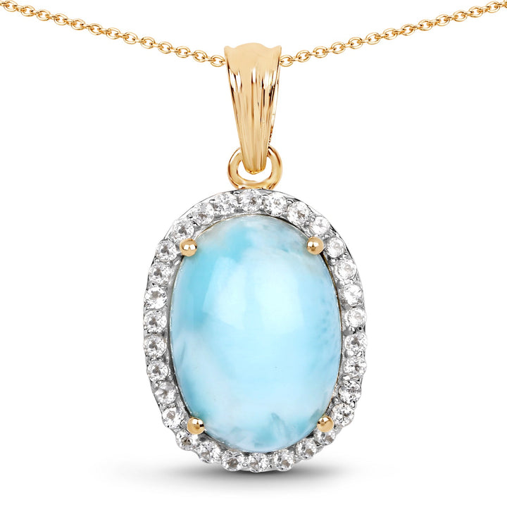 14K Yellow Gold Plated 13.55 Carat Genuine Larimar and White Topaz .925 Sterling Silver Pendant
