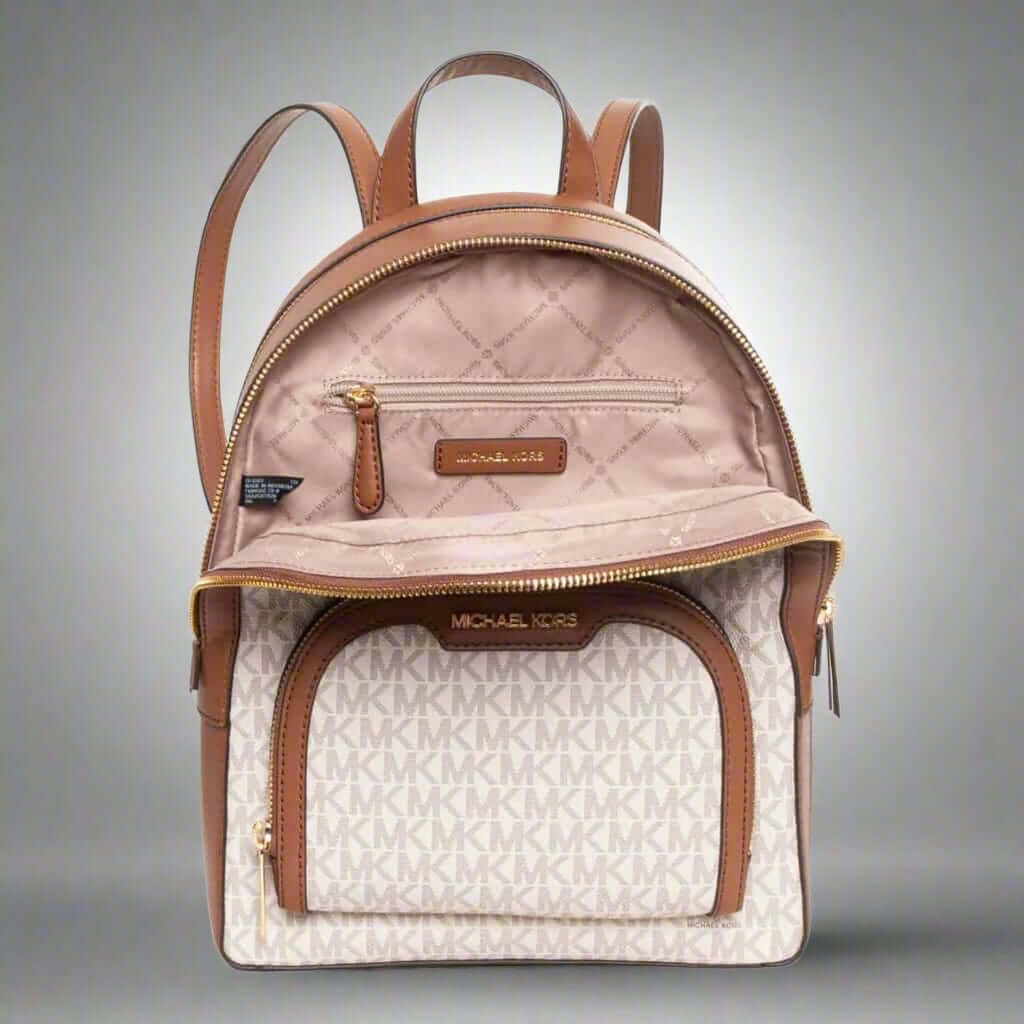 Backpack with quilted top and visible brand logo on a white background