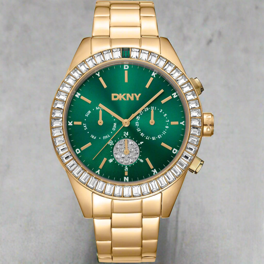 DKNY women's green dial jeweled bezel chronograph Watches