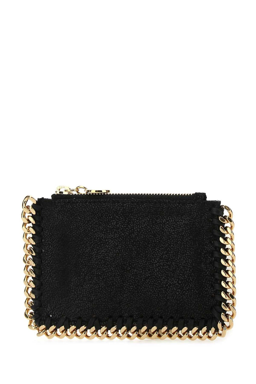 Black wallet with gold chain design on a white background