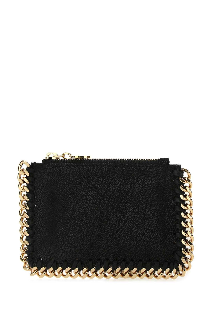 Black wallet with gold chain design on a white background