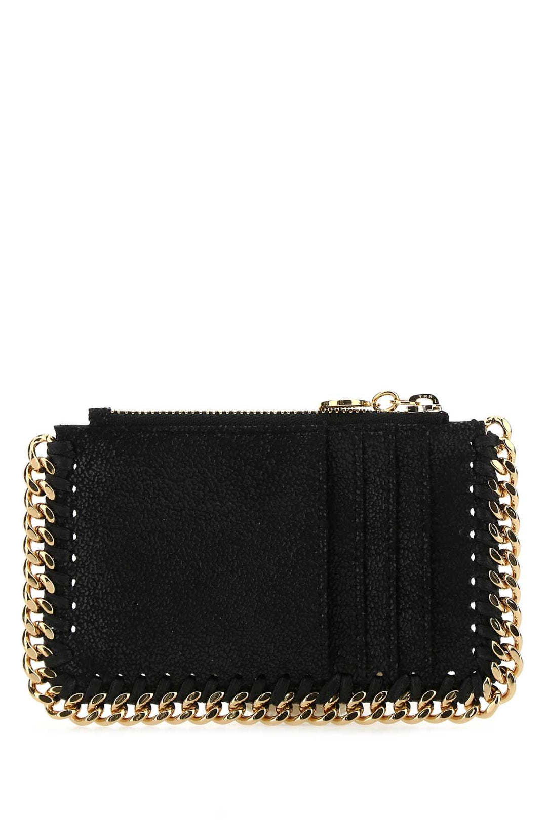 Black wallet with gold chain on a white background