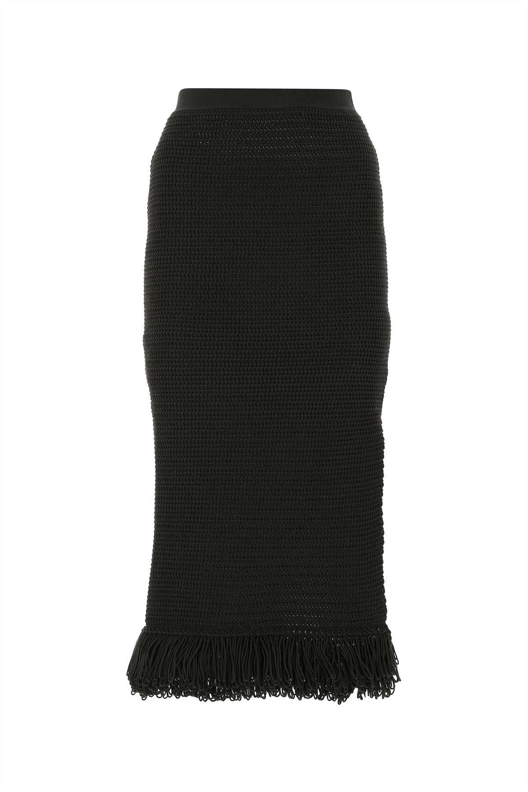 Black knit skirt with frayed hem on a white background