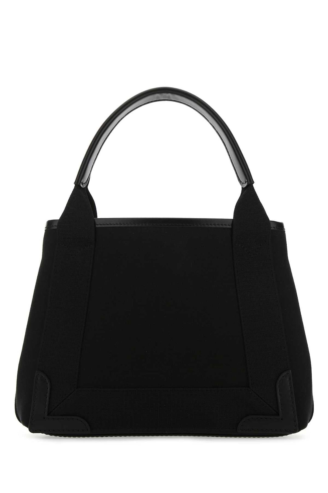 Black handbag with a metallic handle on a white background
