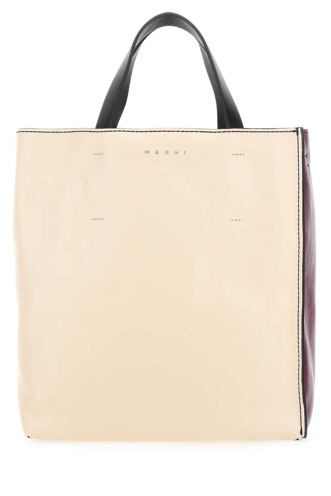 Beige tote bag with black handle on a white background