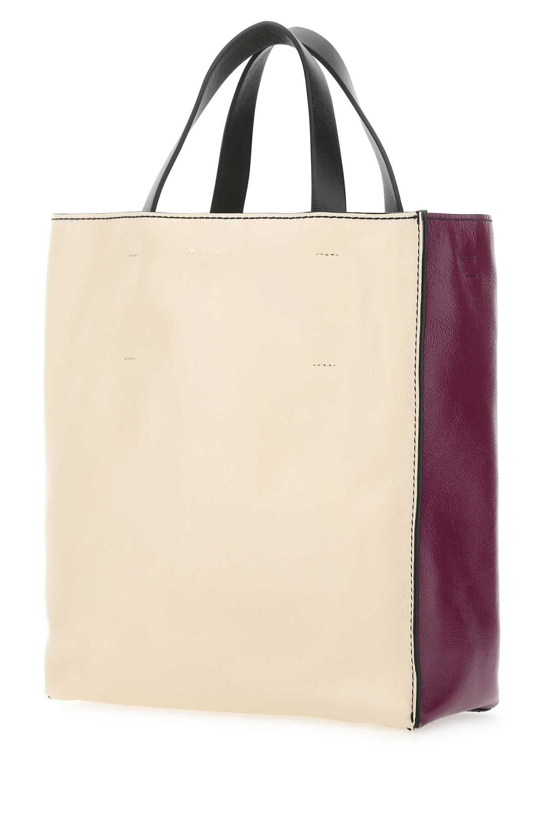 Beige and burgundy tote bag with black handles on a white background