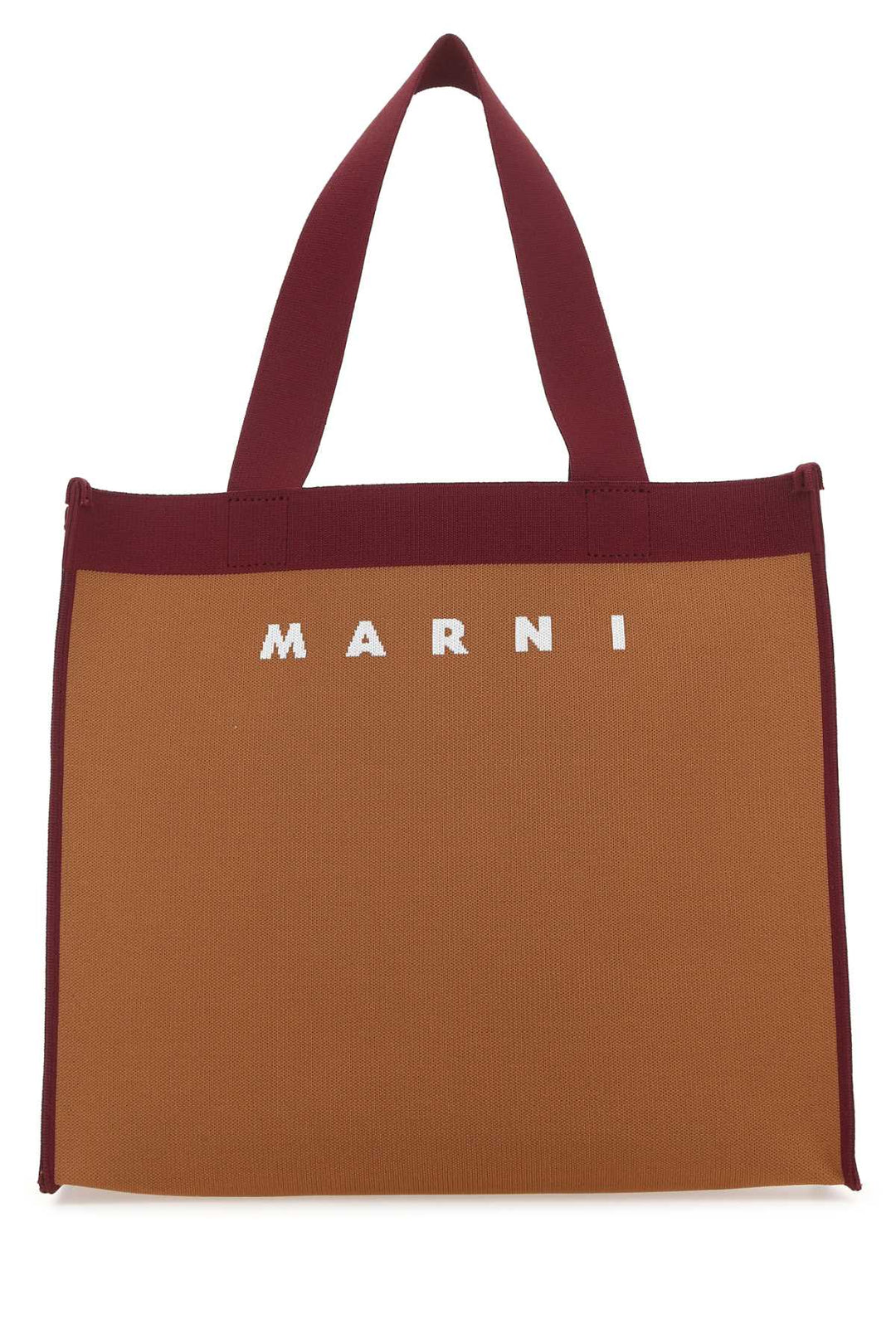 Brown tote bag with 'Marni' logo on a white background