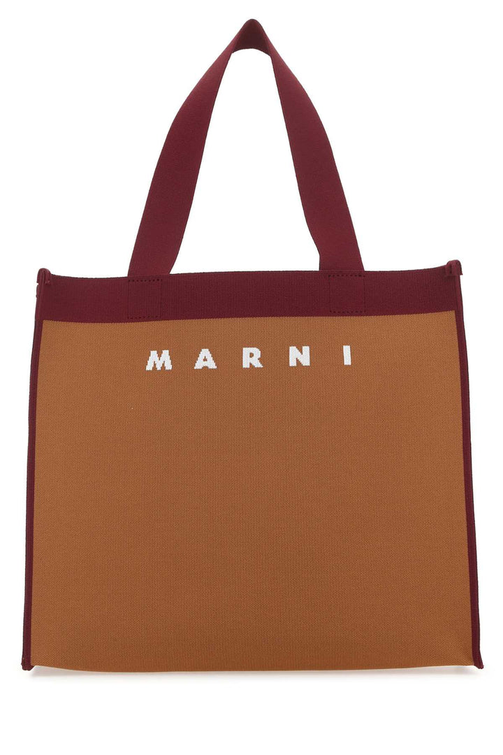 Brown tote bag with 'Marni' logo on a white background