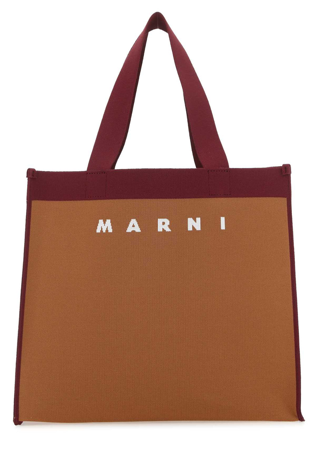 Brown tote bag with red handle and 'Marni' logo on a white background